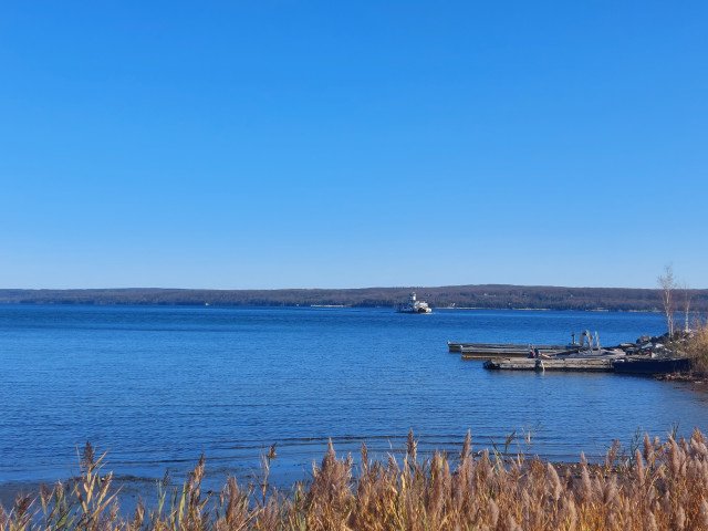 Georgian Bay (Lake Huron) and the Ferry Sandy Graham as seen from Beausoleil First Nation Reserve, home to an Ojibwe (Anishinaabe) band.