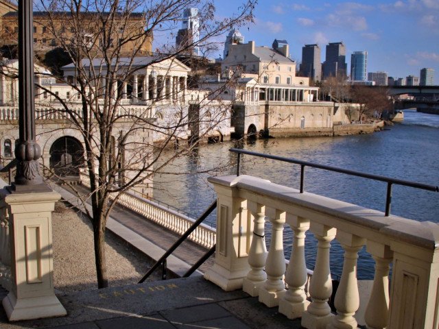 Contemporary view of the Fairmount Water Works looking southeast with the Philadelphia Museum of Art and Philadelphia skyline as backdrop